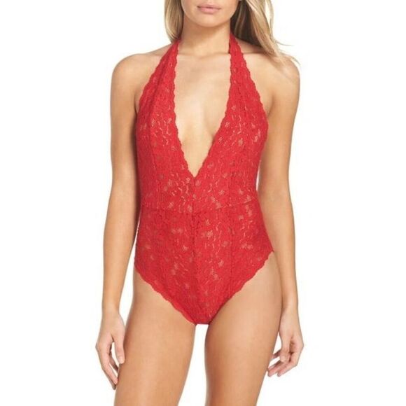 Free People Avery Red Floral Lace Plunging Racerback Bodysuit Size L New - Picture 1 of 6